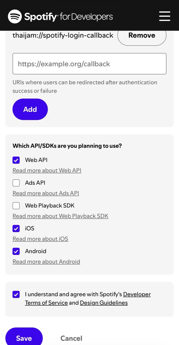 Spotify 建立 App 表單，Web API、iOS、Android 已勾選，底部有 Save 按鈕