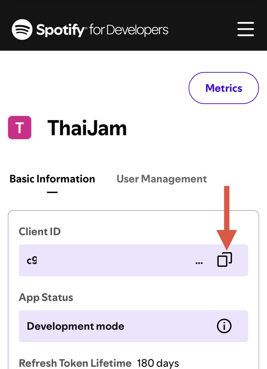 Spotify App Basic Information，箭頭指向 Client ID 右側的複製按鈕