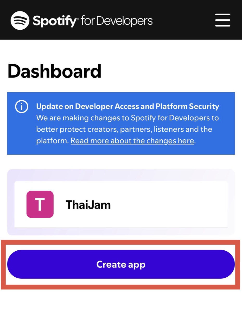 Spotify Dashboard 的 Create app 按鈕